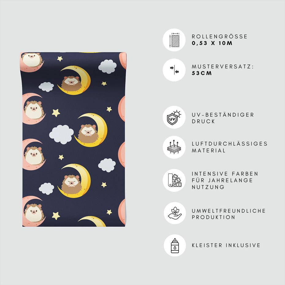 Tapeta - dziecięca, jeż, księżyc, gwiazdy