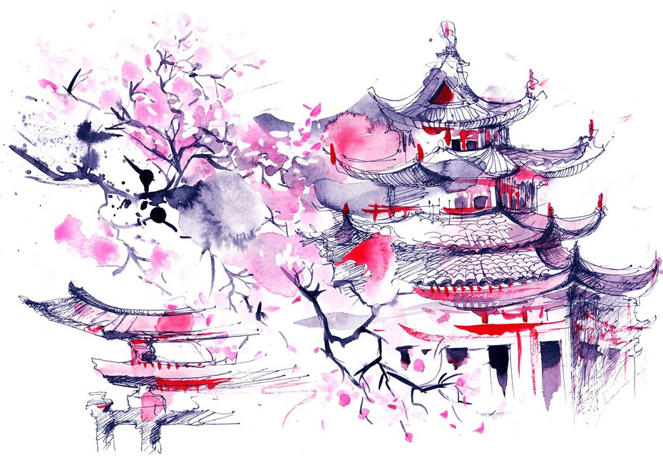 Fototapeta - pagoda, kwiaty, azjatyckie