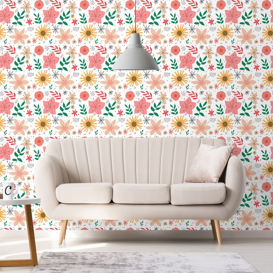 Tapeta - kwiaty, liście, kropki