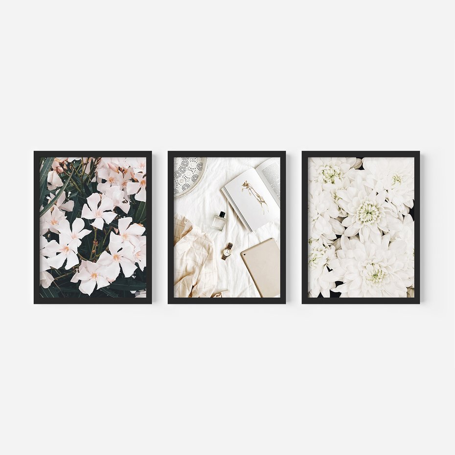 Zestaw obrazy w ramie, plakaty - kwiaty, biały, roślina - rama czarna