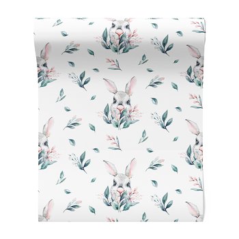 Tapeta - dziecięca, królik, liście, kwiaty