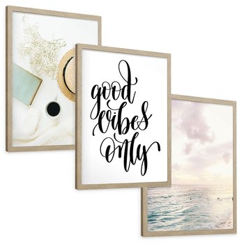 Zestaw obrazy w ramie, plakaty - kwiaty, lato, morze - rama drewno