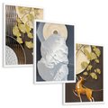 Zestaw obrazy w ramie, plakaty - złoty, liście, abstrakcja - rama biała