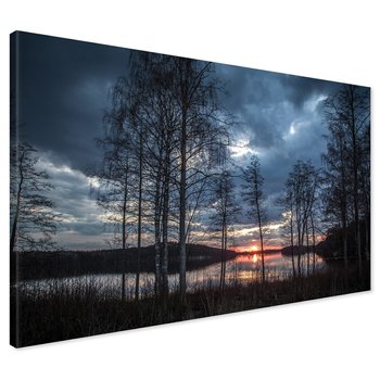 Obraz na płótnie - zachód słońca, jezioro, drzewa