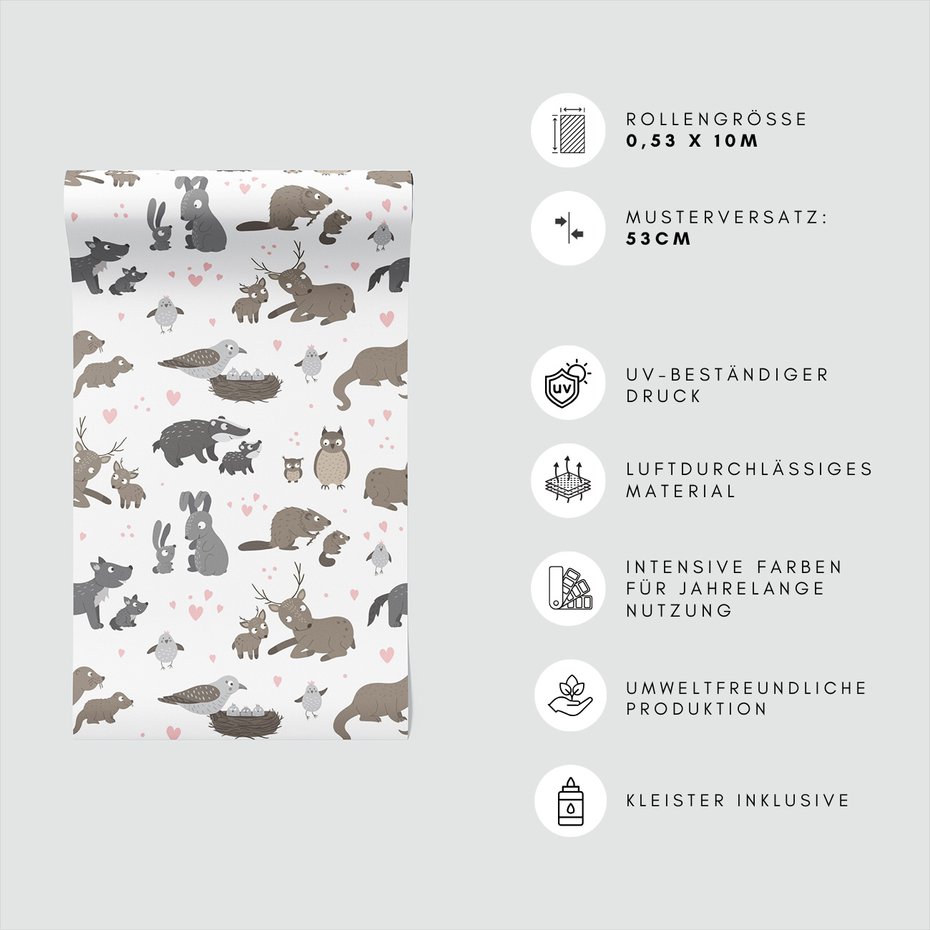 Tapeta - dziecięca, zwierzęta, wzór, serca