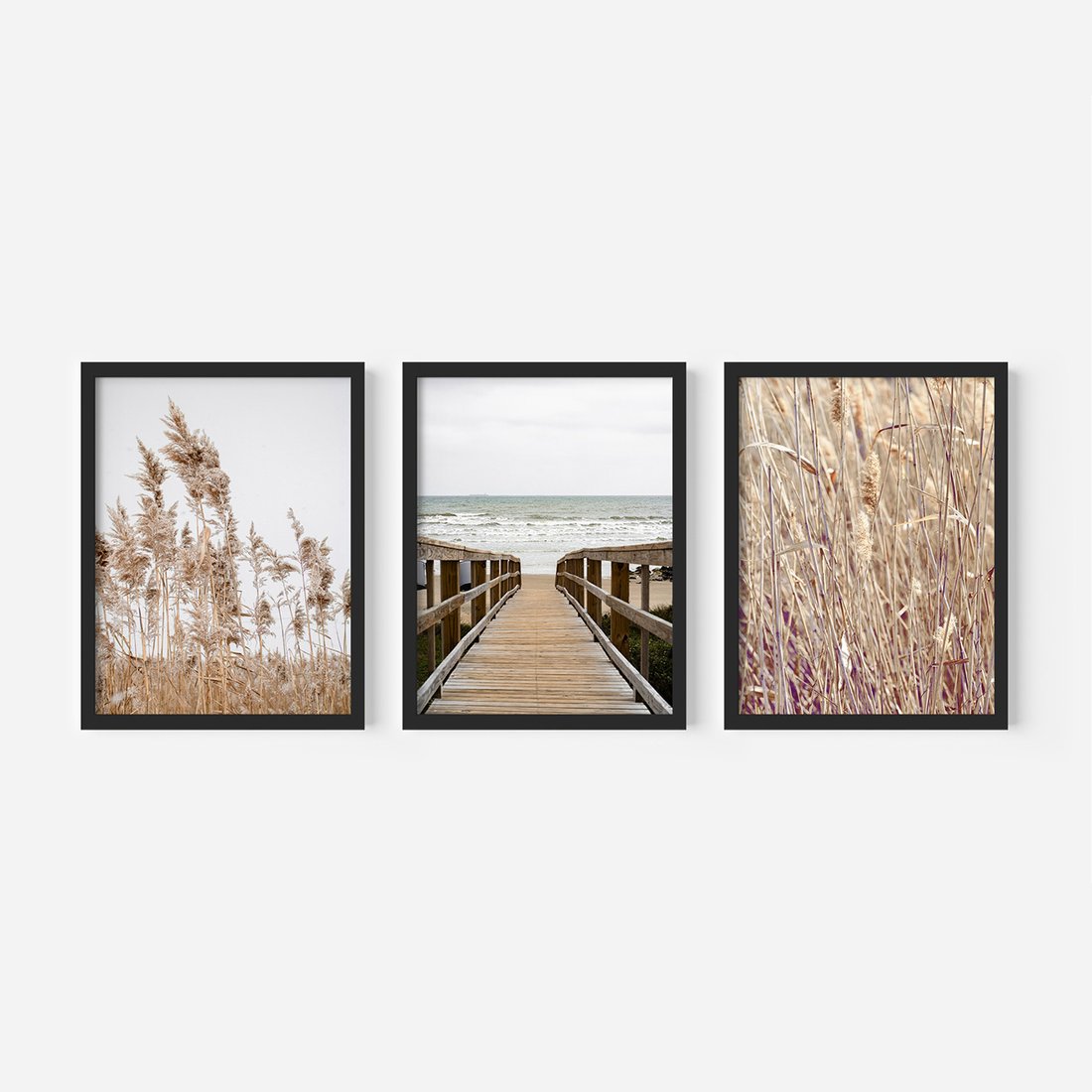 Zestaw obrazy w ramie, plakaty - trzcina, plaża, morze - rama czarna