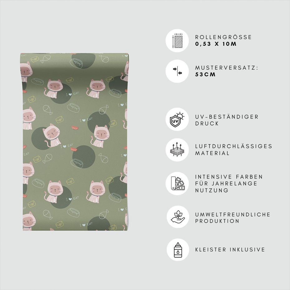 Tapeta - dziecięca, koty, miski, ryby