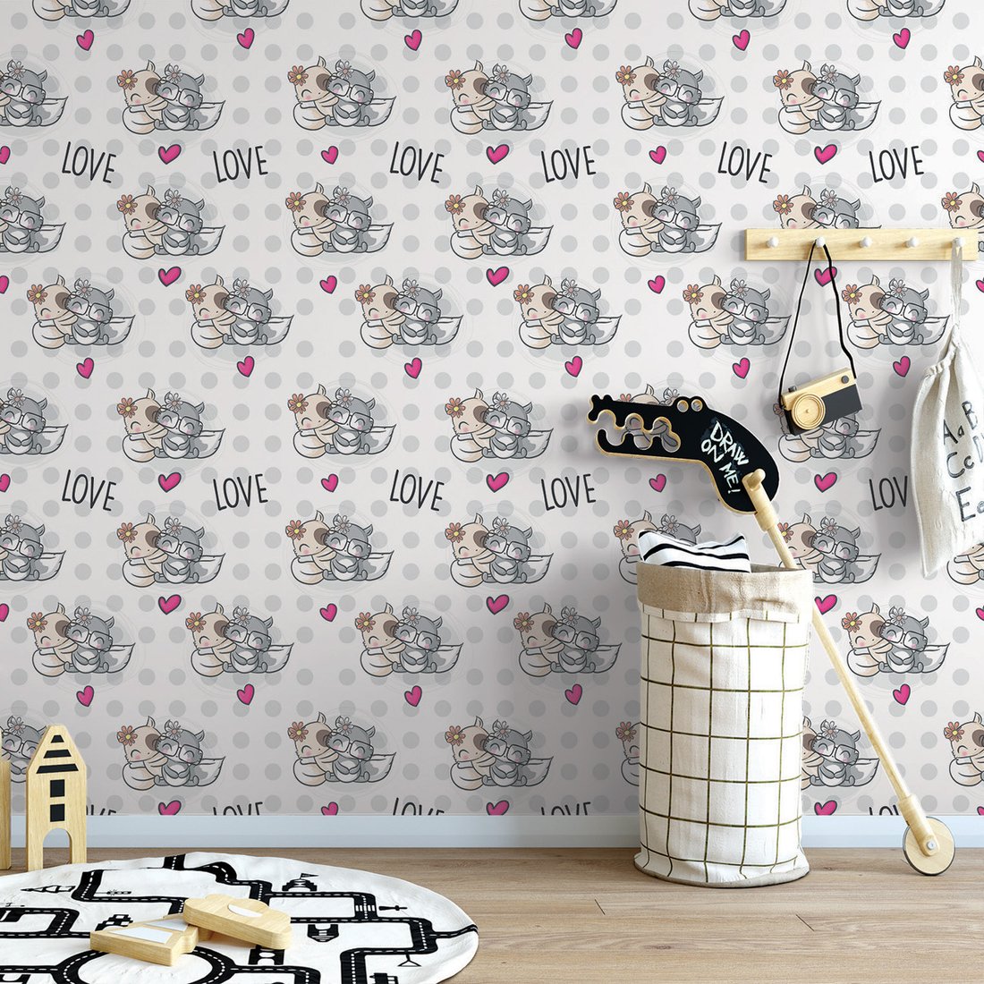 Tapeta - dziecięca, zwierzęta, serca, miłość