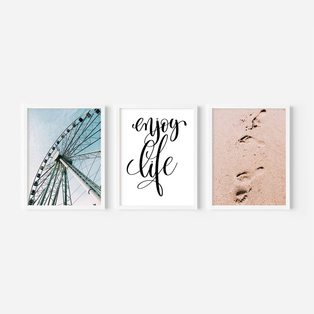 Zestaw obrazy w ramie, plakaty - wakacje, plaża, piasek - rama biała