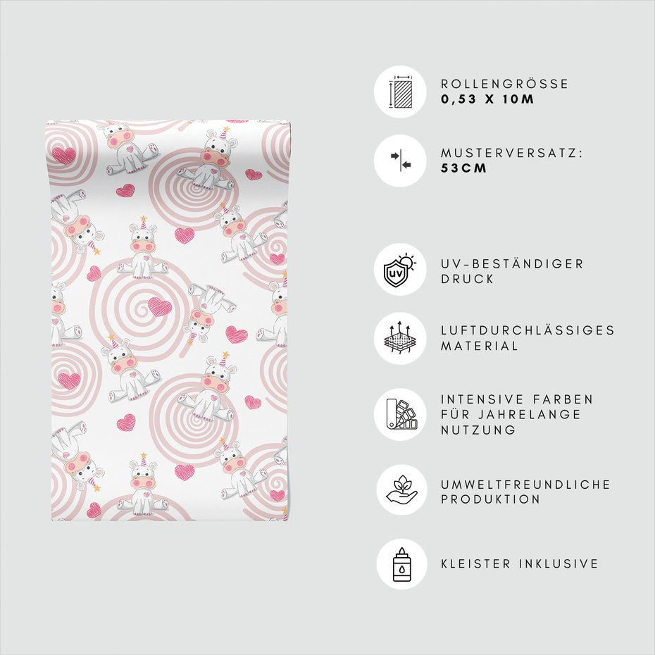 Tapeta - dziecięca, hipopotam, serce, wzór