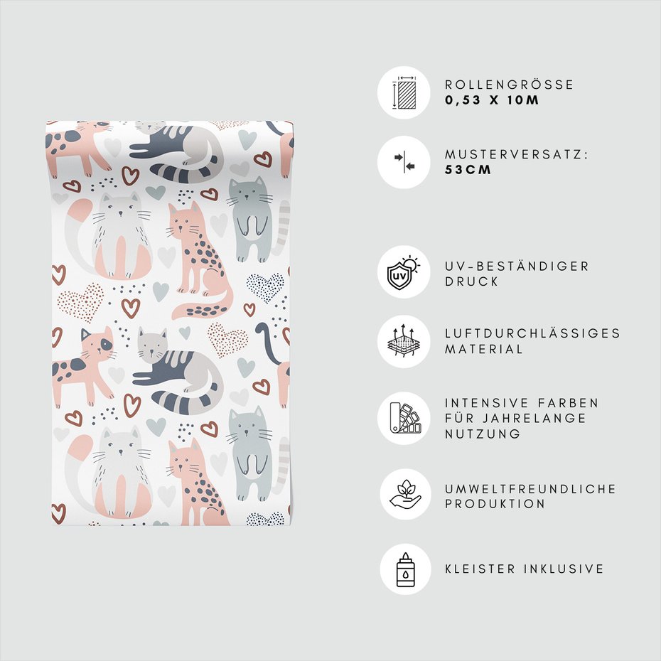 Tapeta - dziecięca, koty, serca, tło