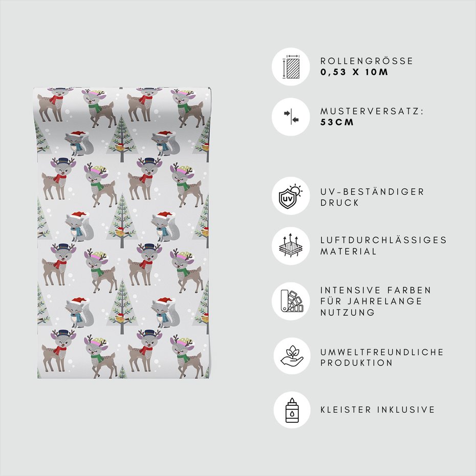 Tapeta - dziecięca, renifer, lis, drzewo