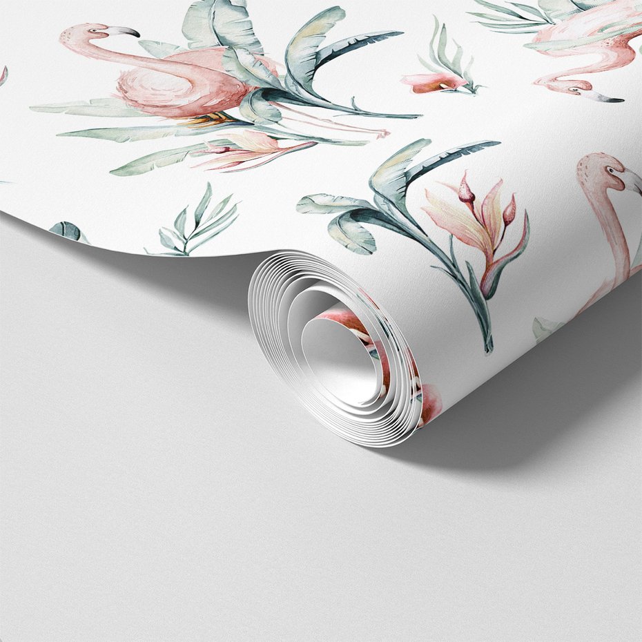 Tapeta - flamingo, liście, kwiaty