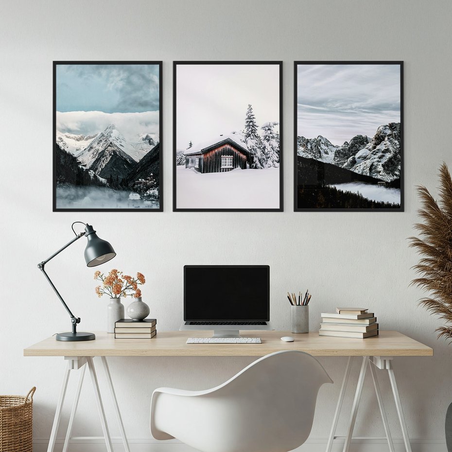 Zestaw obrazy w ramie, plakaty - zima, śnieg, góry - rama czarna