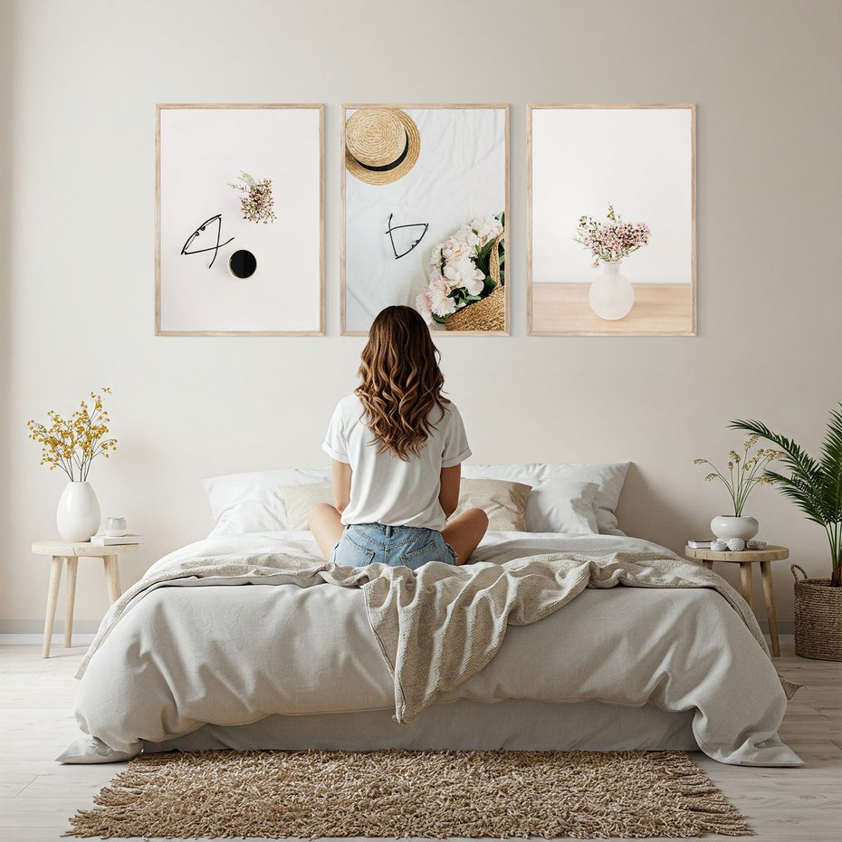 Zestaw obrazy w ramie, plakaty - kwiaty, okulary, kompozycja - rama drewno