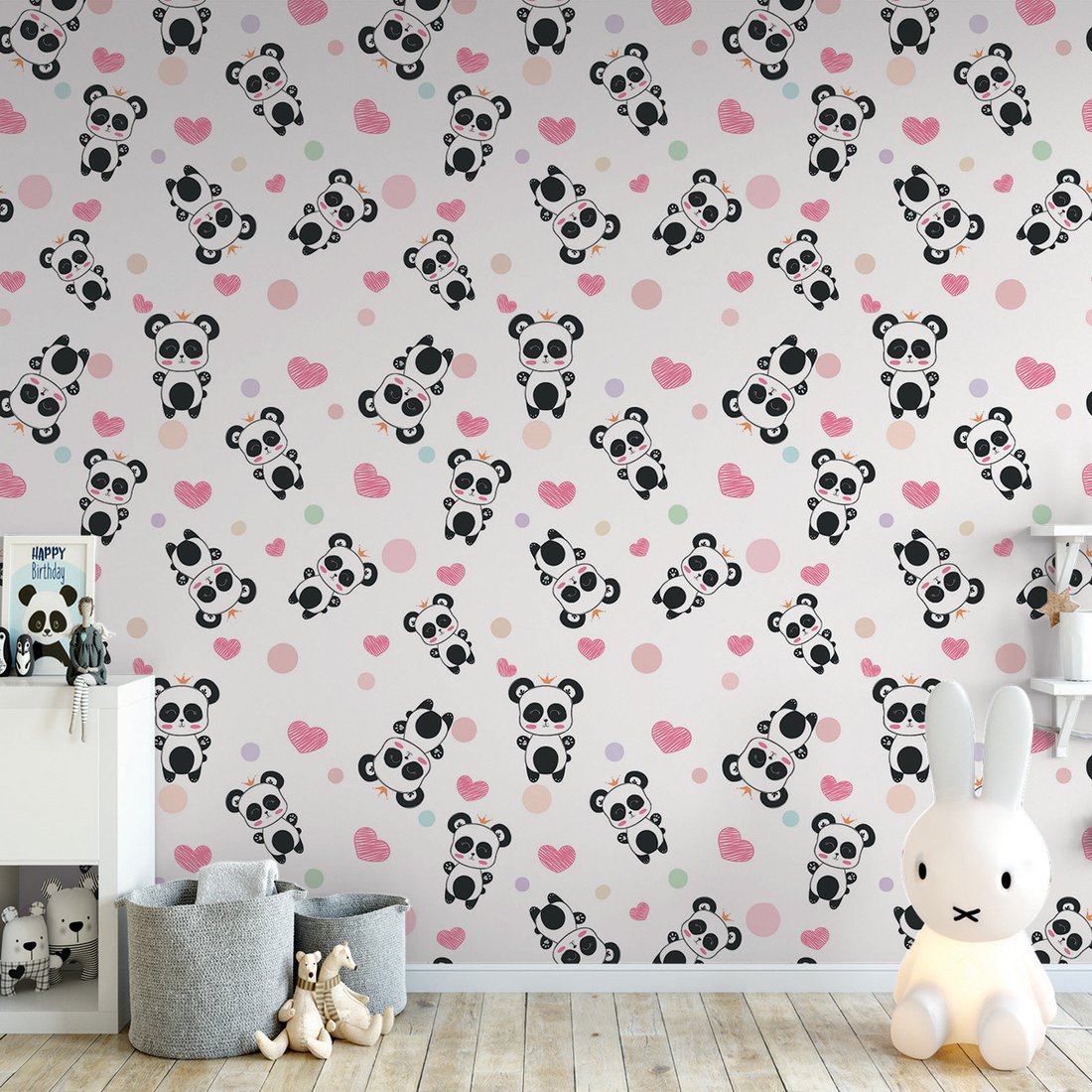 Tapeta - dziecięca, panda, serca, korony