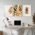 Zestaw obrazy w ramie, plakaty - złoty, liść, ananas - rama drewno