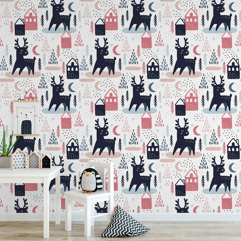 Tapeta - dziecięca, renifer, dom, las