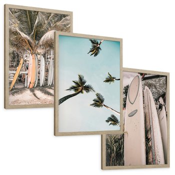 Zestaw obrazy w ramie, plakaty - palmy, deski surfingowe, plaża - rama drewno