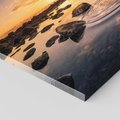 Obraz na płótnie - zachód słońca, woda, skały