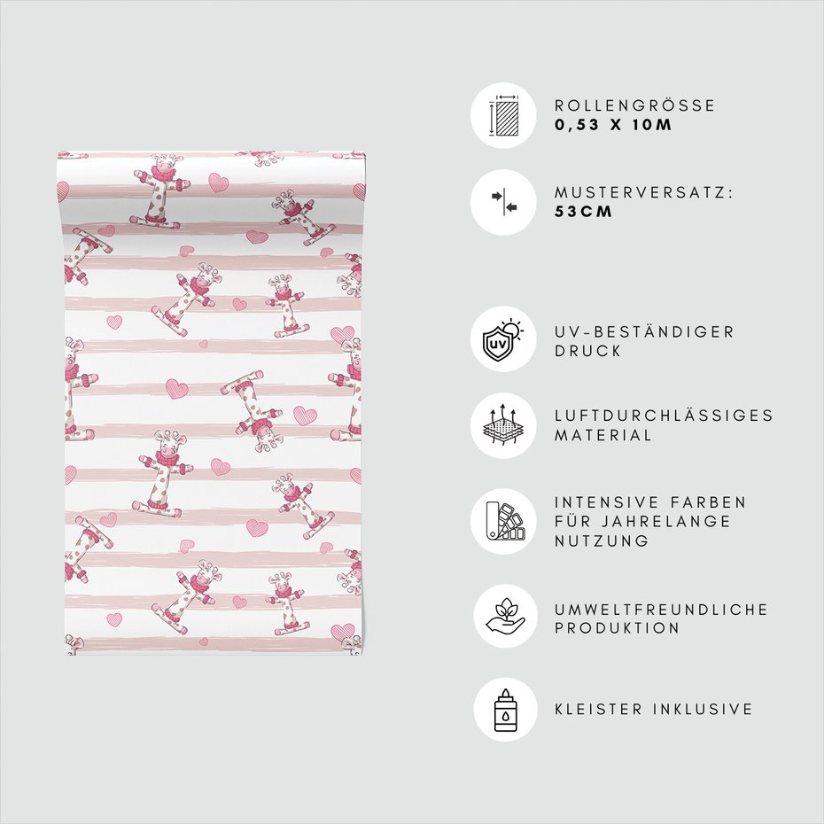 Tapeta - dziecięca, żyrafa, serce, paski