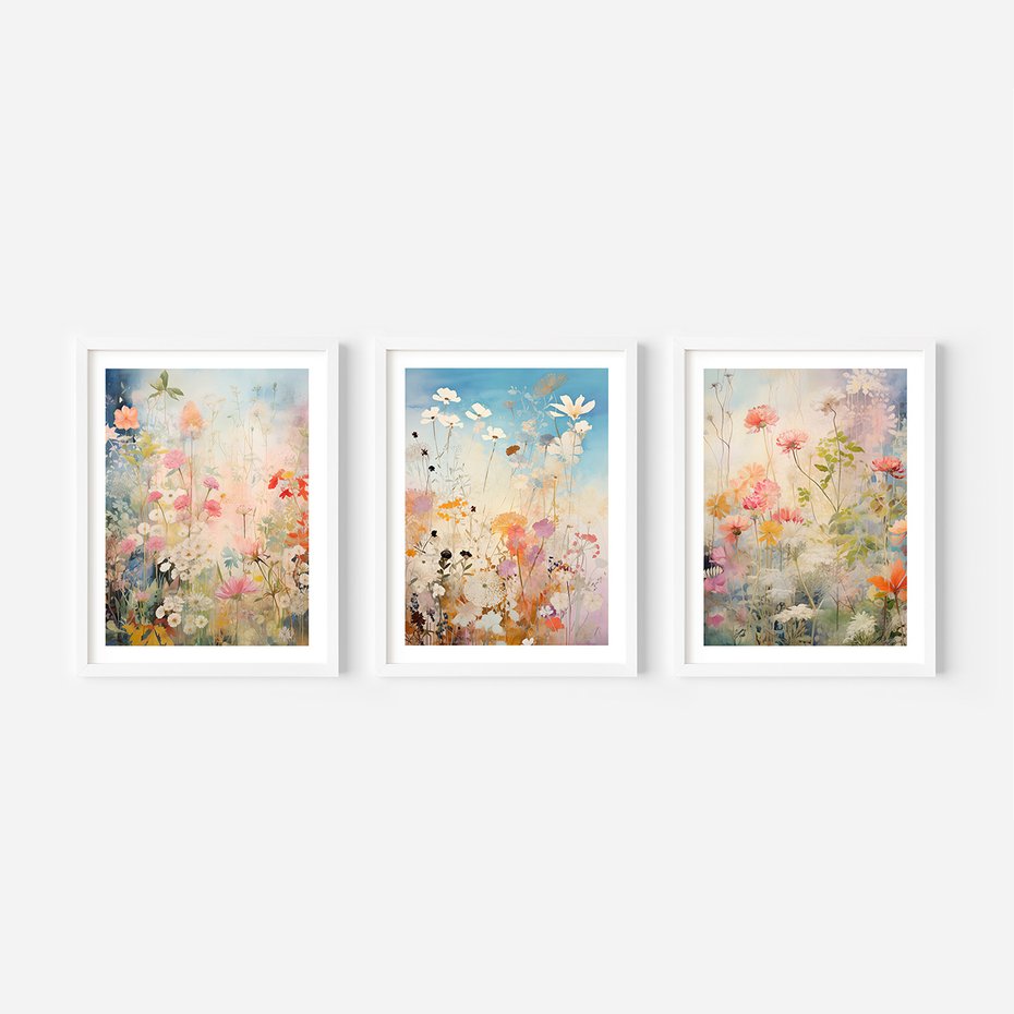 Zestaw obrazy w ramie, plakaty - kwiaty, rośliny, delikatne - rama biała