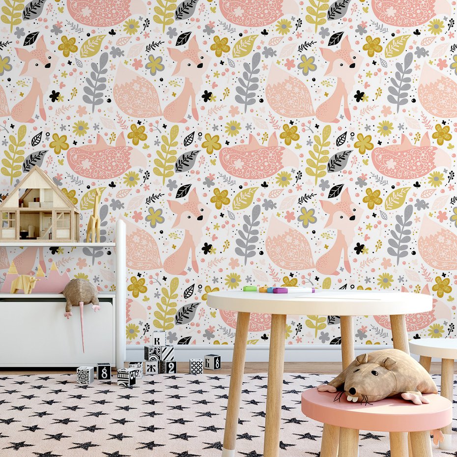 Tapeta - dziecięca, lis, kwiaty, liście