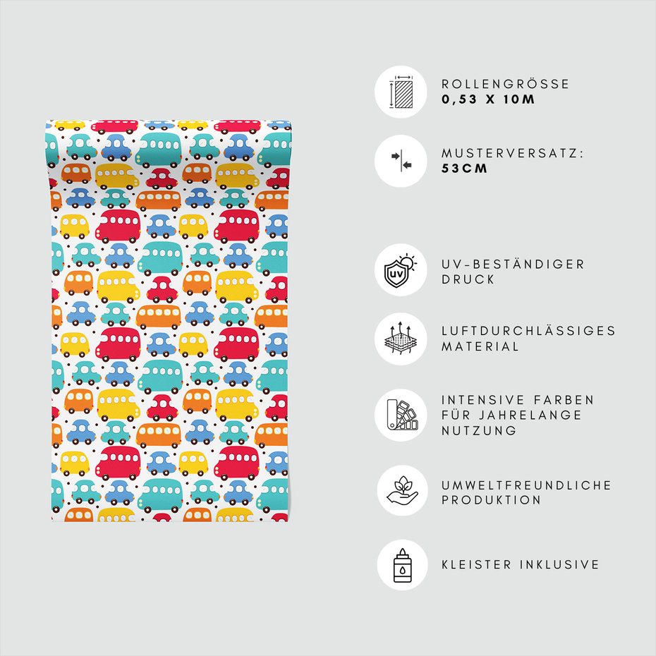 Tapeta - dziecięca, autobus, samochód, kropki