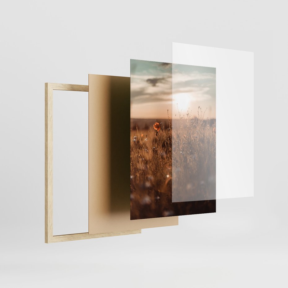 Zestaw obrazy w ramie, plakaty - pole, kwiaty, słońce - rama drewno