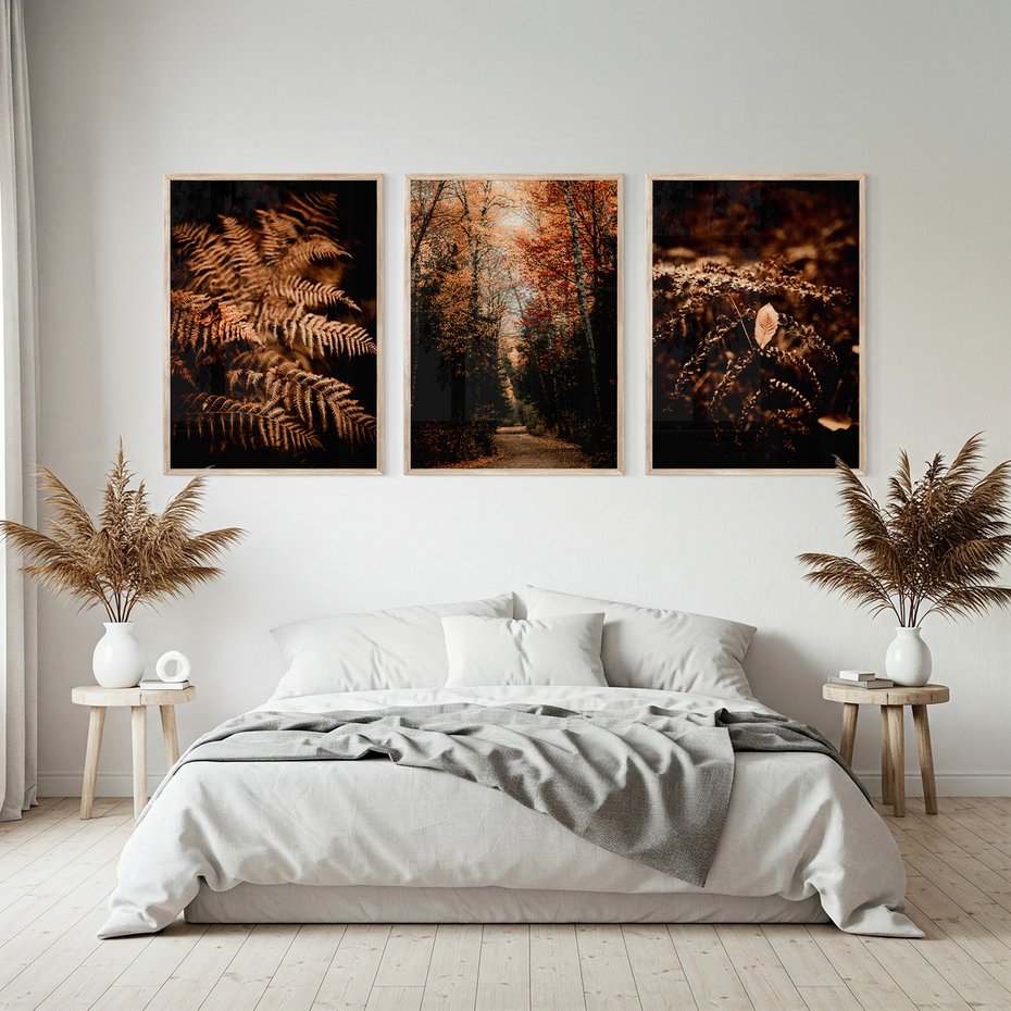Zestaw obrazy w ramie, plakaty - jesień, liście, brązowy - rama drewno