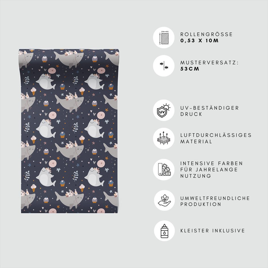 Tapeta - dziecięca, rekin, babeczka, gwiazdy