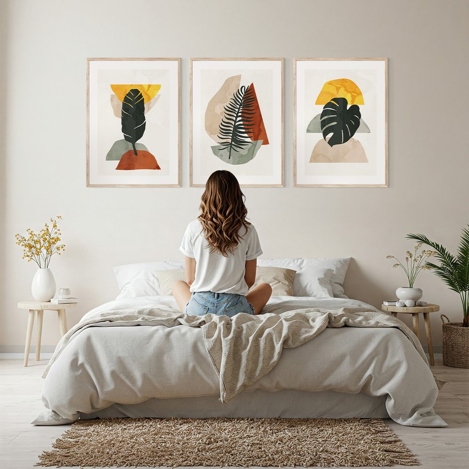 Zestaw obrazy w ramie, plakaty - liście, abstrakcja, rośliny - rama drewno