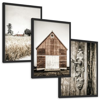 Zestaw obrazy w ramie, plakaty - wieś, dom, drewno - rama czarna