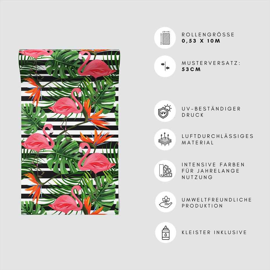 Tapeta - flamingi, liście, kwiaty