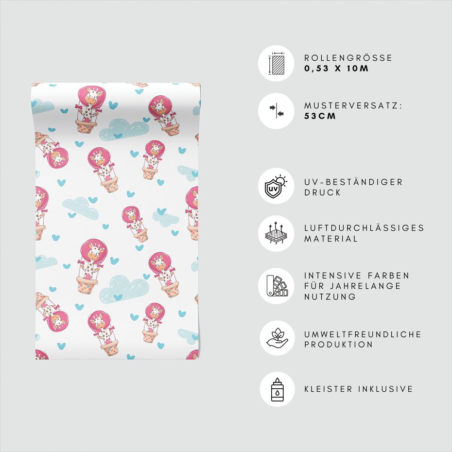 Tapeta - dziecięca, żyrafa, balon, chmura