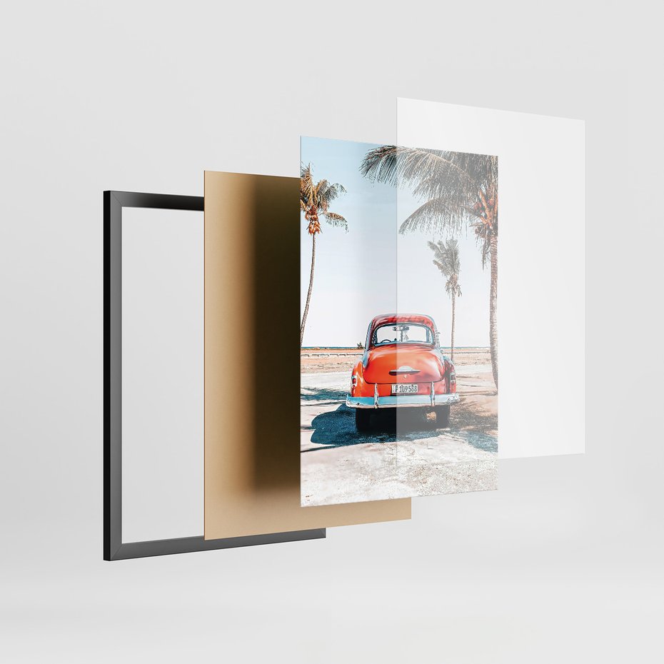 Zestaw obrazy w ramie, plakaty - palmy, samochód, deski surfingowe - rama czarna