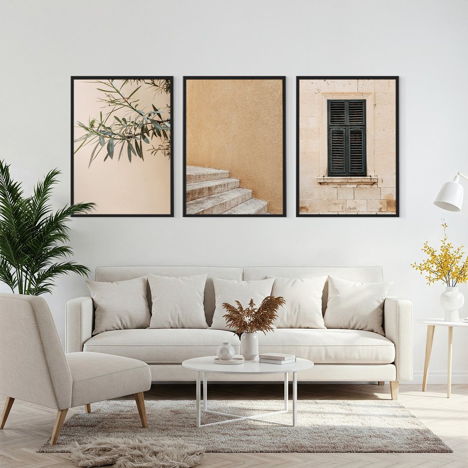 Zestaw obrazy w ramie, plakaty - liście, budynek, okno - rama czarna