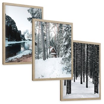 Zestaw obrazy w ramie, plakaty - zima, śnieg, las - rama drewno