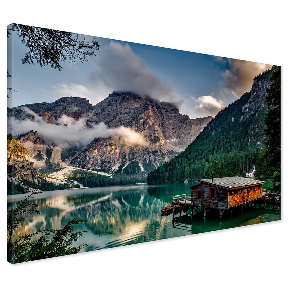 Obraz na płótnie - góry, jezioro, drewniany dom