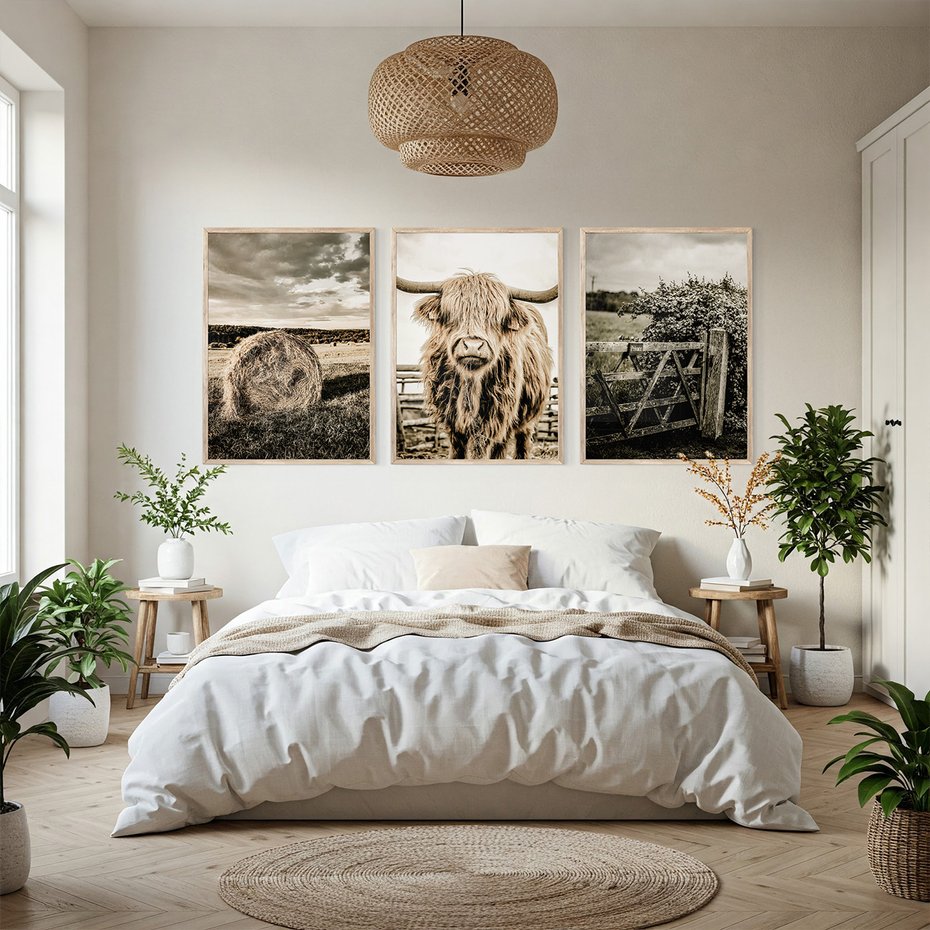 Zestaw obrazy w ramie, plakaty - wieś, zwierzęta, krajobraz - rama drewno