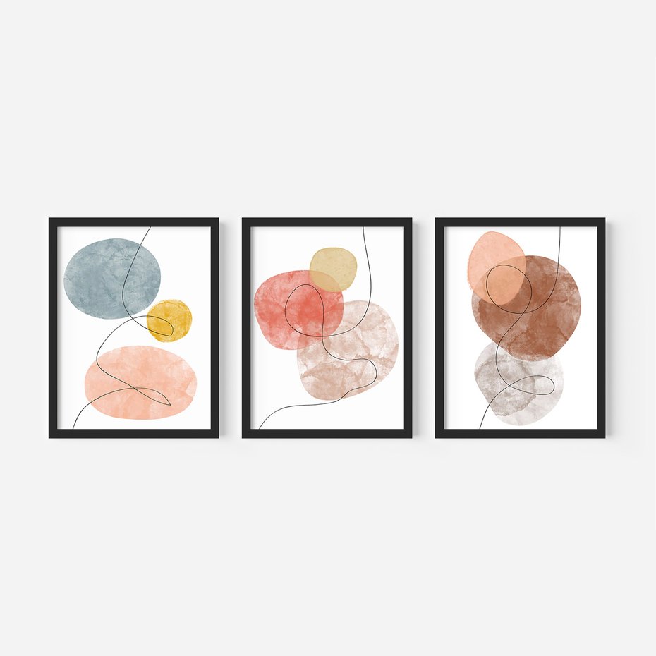 Zestaw obrazy w ramie, plakaty - abstrakcja,akwarele,linie - rama czarna