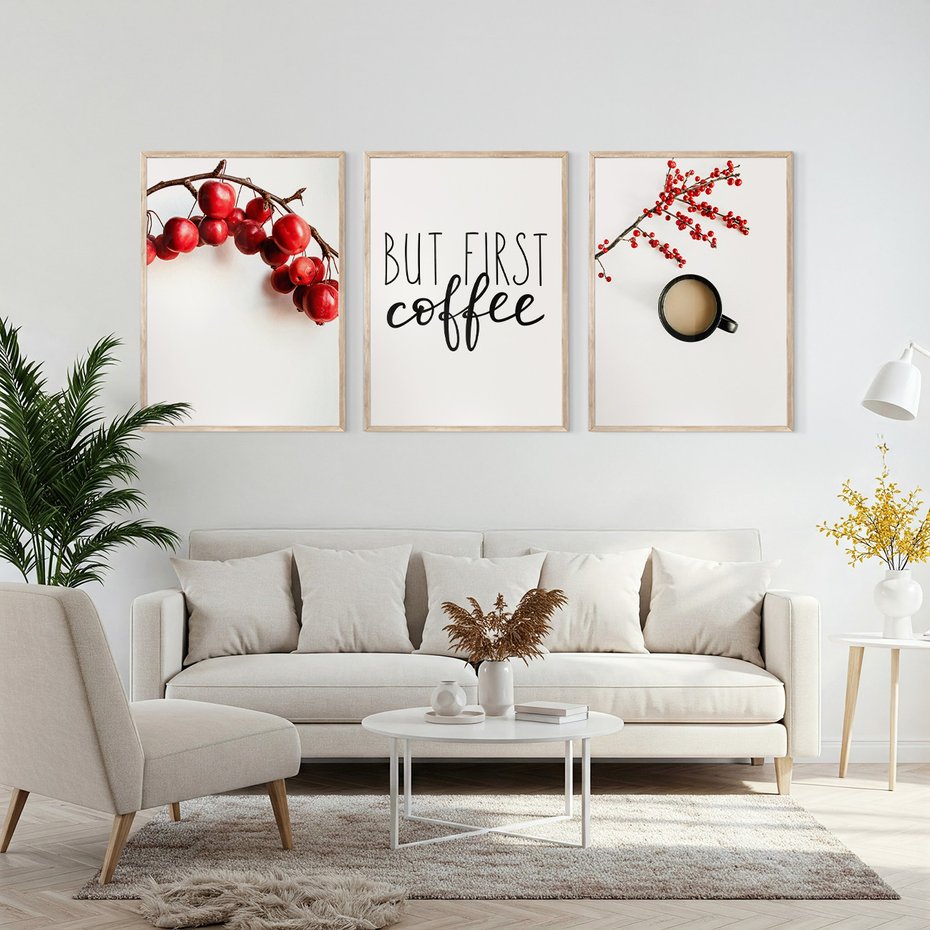 Zestaw obrazy w ramie, plakaty - owoce, kawa, gałązka - rama drewno