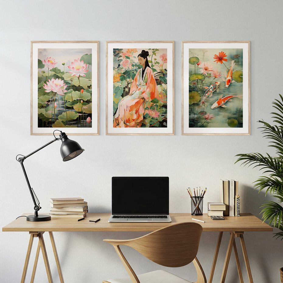 Zestaw obrazy w ramie, plakaty - kwiaty lotosu, ryby koi, azjatycka kobieta - rama drewno