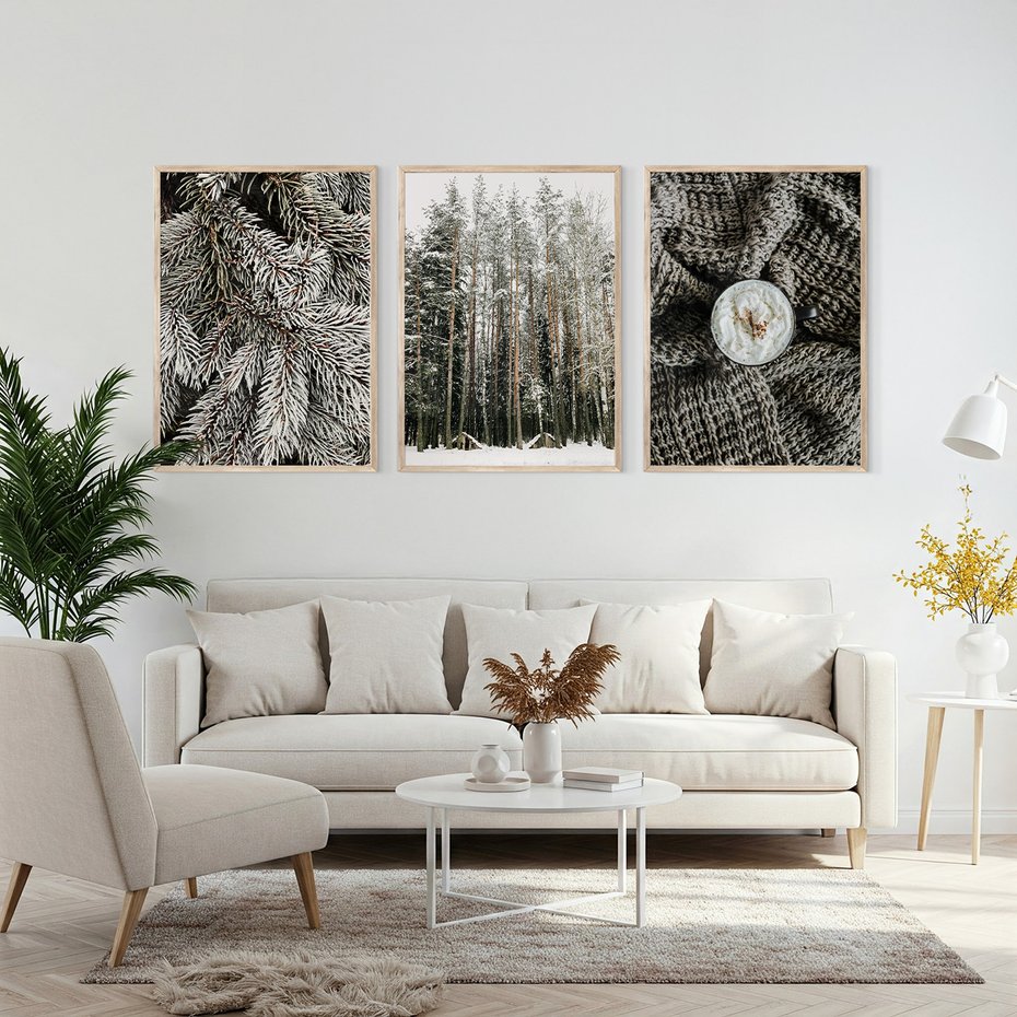 Zestaw obrazy w ramie, plakaty - zima, śnieg, las - rama drewno