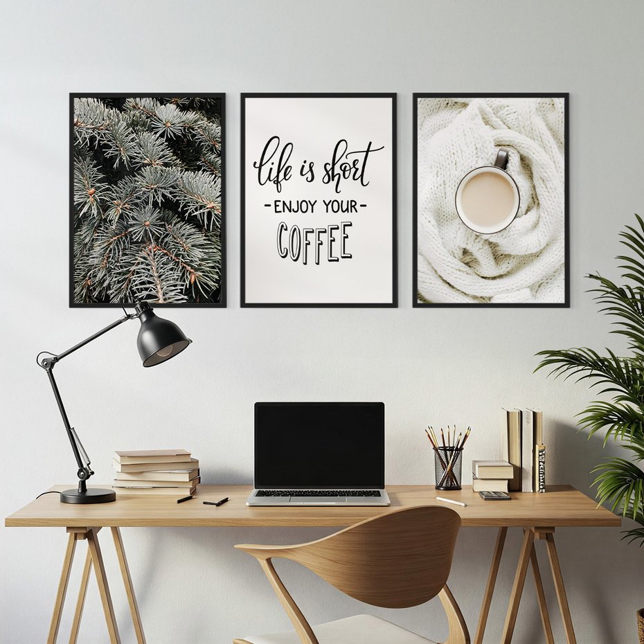 Zestaw obrazy w ramie, plakaty - igły, kawa, sweter - rama czarna