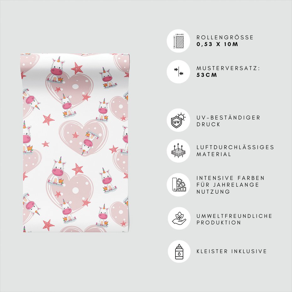 Tapeta - dziecięca, jednorożce, serca, gwiazdy