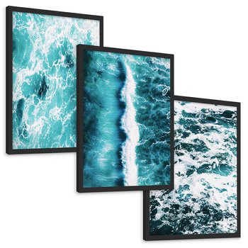 Zestaw obrazy w ramie, plakaty - woda, fale, turkusowy - rama czarna