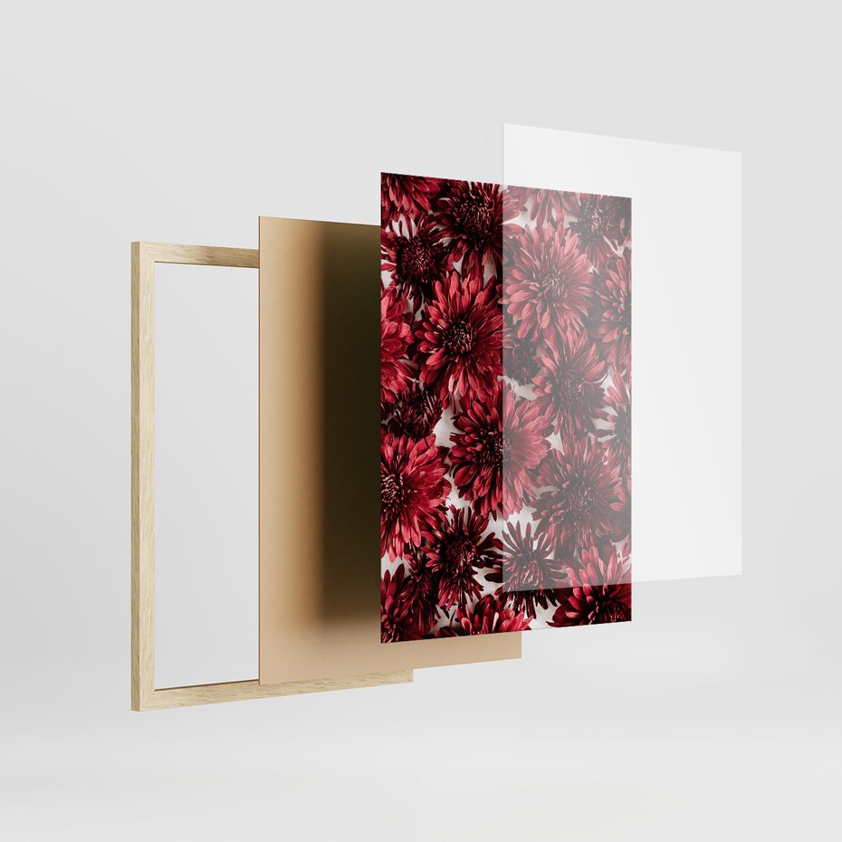 Zestaw obrazy w ramie, plakaty - kwiaty, okno, typografia - rama drewno