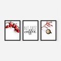 Zestaw obrazy w ramie, plakaty - owoce, kawa, gałązka - rama czarna