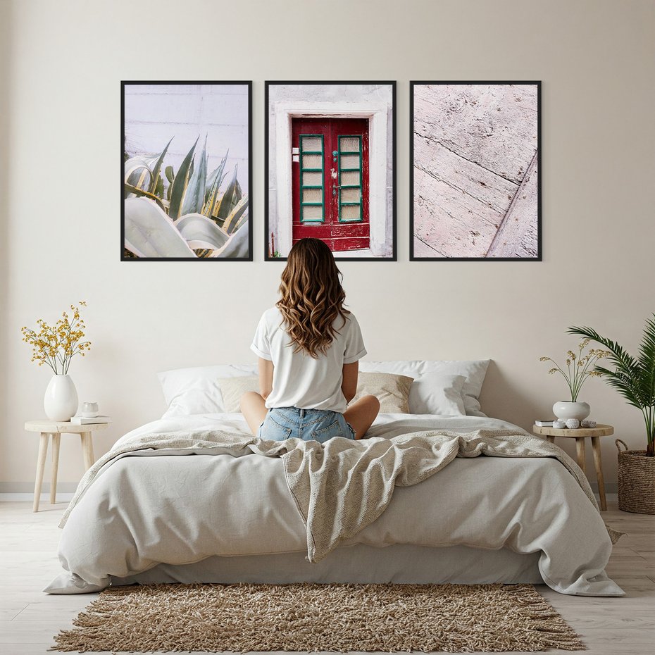 Zestaw obrazy w ramie, plakaty - rośliny, drzwi, drewno - rama czarna